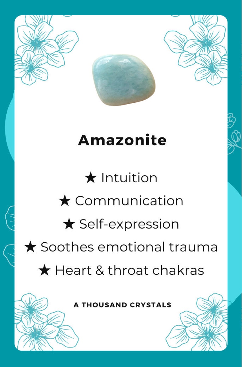 May include: A smooth, light blue Amazonite crystal with a white background. The text "Amazonite" is written in black below the crystal. The text "★ Intuition", "★ Communication", "★ Self-expression", "★ Soothes emotional trauma", "★ Heart & throat chakras" and "A THOUSAND CRYSTALS" is written in black below the text "Amazonite".