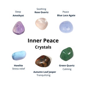 Può includere: Una collezione di sette cristalli per la pace interiore, tra cui ametista, quarzo rosa, agata di pizzo blu, howlite, diaspro foglia d'autunno e quarzo verde. Ogni cristallo è etichettato con il suo nome e i benefici associati, come il sonno, la calma, la pace, il sollievo dallo stress, la tranquillità e la calma.