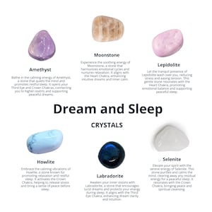 May include: Assortment of ten polished crystals, each with a unique color and shape, arranged in a circle on a white background. The crystals are labeled with their names and descriptions of their properties for dream and sleep.