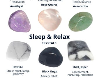 Puede incluir: Seis tipos diferentes de cristales para dormir y relajarse. Amatista, cuarzo rosa, aventurina, howlite, ónix negro y jaspe de concha.