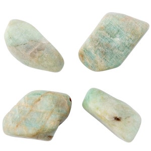 May include: Four smooth, light green and white tumbled stones. The stones are irregularly shaped and have a natural, polished finish.