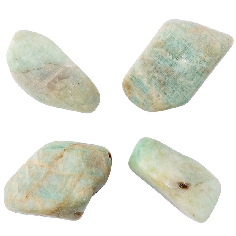 May include: Four smooth, light green and white tumbled stones. The stones are irregularly shaped and have a natural, polished finish.