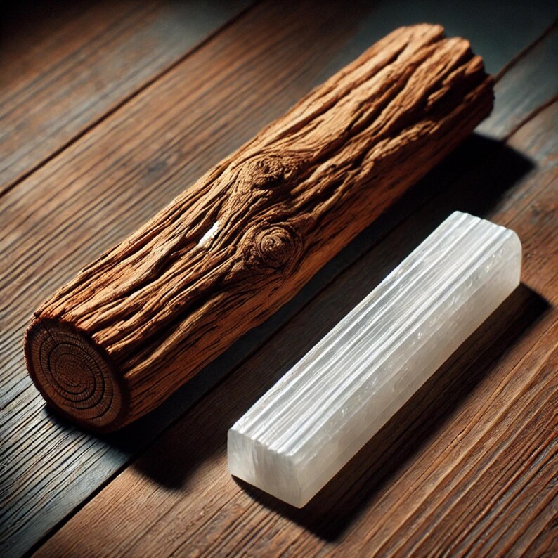 May include: A brown wooden stick and a white selenite crystal stick on a wooden surface. Both sticks are smooth and have a natural texture.