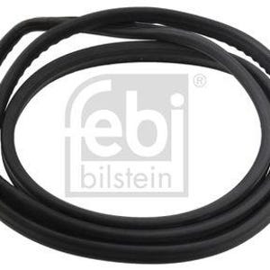 Op de afbeelding: Een opgerolde zwarte rubberen afdichting, waarschijnlijk voor auto's, met een afgerond profiel. De afbeelding toont het "febi bilstein" logo in wit, gecentreerd in de spoel. De afdichting lijkt nieuw en in goede staat.