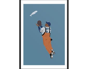 Ken Griffey Jr Fish Catch Illustration Print Framed 24"x36"