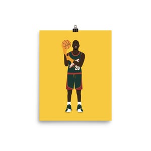 May include: A digital illustration of a basketball player holding a basketball. The player is wearing a green and red jersey with the number 20 on the front. The background is yellow.