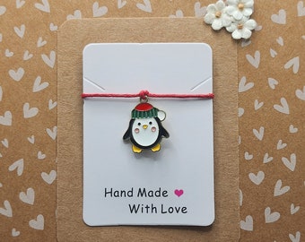 Bracelet de souhaits ficelle à breloque pingouin - Remplisseur de bas de Noël - Petits cadeaux - Cordon en coton - Plus de couleurs disponibles