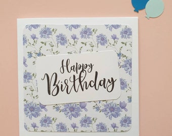 Handmade Blue Floral Birthday Card | Elegant Blank Greeting