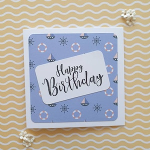 carte d'anniversaire nautique | Carte faite main Royaume-Uni | de bateau à voile | Cadeau pour amoureux de la mer | Salutations côtières | Blanc à l'intérieur