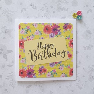 Yellow Floral Birthday Card | Handmade Flower Greeting Card for Her | Botanical Birthday Card UK | Feminine Blank Card | Happy Birthday