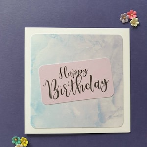 Tarjeta de cumpleaños de mármol / Tarjeta de felicitación hecha a mano de 5x5" / Estilo acuarela suave / Interior en blanco / Tarjeta para ella