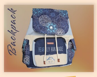 Handmade Backpack: Stylish blue and cream cotton backpack, gender neutral shoulder bag