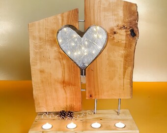 Unique heart-shaped wooden sculpture with 2 illuminated accents - rustic meets modern design