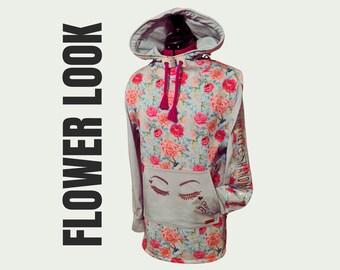 EYES our floral hooded dress: Unique long sleeve sweatshirt made from recycled polyester and leather