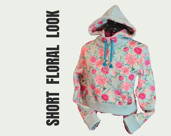 Blossom with style: rhinestone flowers adorn this colorful cropped hoodie with alpine fleece, brushed cotton and contrasting accents