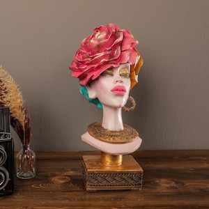 WOMAN BUST 12.2&quot;, Flower Headed Lady Statue, Art, Decor Sculpture, Farmhouse Design Accessories
