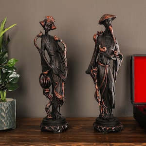 Chinese Woman & Man Statue 19.6&quot;, Large Sculpture, Black and Copper Color , Asian, Traditional