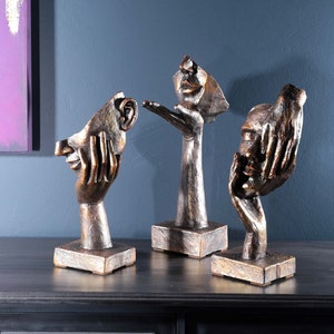 Face Mask Statue Sculpture 10,2&quot;, Decor, Art, Abstract Set of 3, See No Evil Hear No Evil Speak No Evil