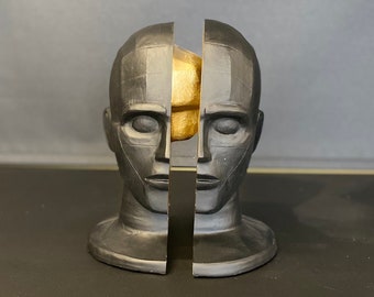 Abstract  Brain  Male Sculpture 12.2”, Two Pieces Bust, Brain statue, Art Decor, Black man, Gold color