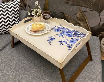 Serving bed sofa tray 21.6”, Decorative Coffee Table , with Folding Legs, Laptop Table, tray with handles,laptop tray for bed,blue patterned