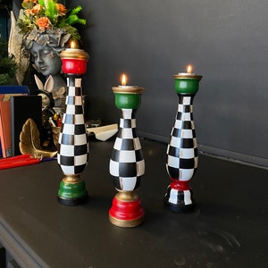 Wood Candle Holder 13.3&quot;, Candlesticks set of 3, Luxury Pillar Candle Holder , House Gift, Home Decor, Mackenzie style, Art