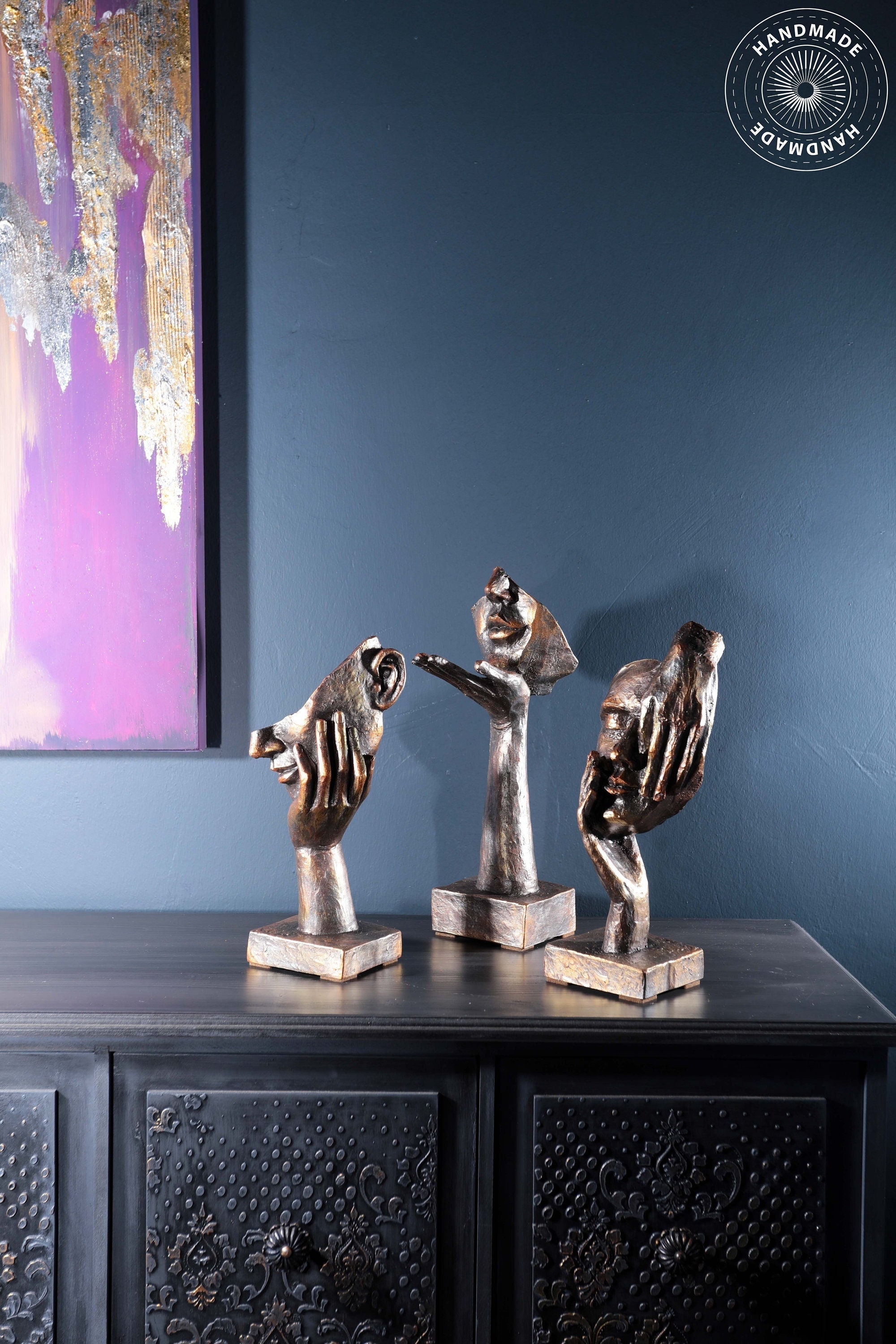 Face Mask Statue Sculpture 10,2", Decor, Art, Abstract Set of 3, See No Evil Hear No Evil Speak No Evil