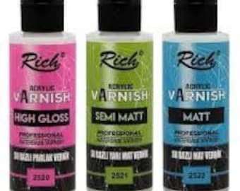 Rich Water Based Non Toxic  Acrylic Varnish 120-250-500-1250 cc, High Gloss -Matt- Semi Matt Varnish, Varnish for craft project , DIY