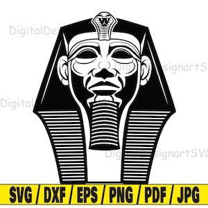 May include: Black and white silhouette of an Egyptian pharaoh's head with a cobra on the crown. The pharaoh's head is in profile and has a detailed headdress.