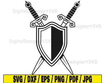 May include: Black and white illustration of two swords crossed behind a shield. The swords have ornate handles and the shield has a rounded top.