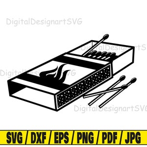 May include: Black and white illustration of a matchbox with a flame graphic on the side. The matchbox is open and there are several matches sticking out of it. The matches are also black and white.