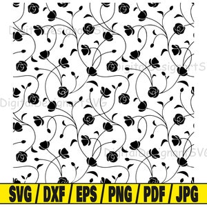 ローズ パターン SVG、花柄 SVG カット ファイル、パターン クリップアート、クリカット用 SVG カット ファイル、シルエット用カット ファイル、ダマスク DXF、ローズ PNG、シームレス EPS