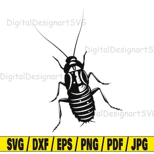 May include: Black and white silhouette of a cockroach insect. The cockroach is facing right and has long antennae.