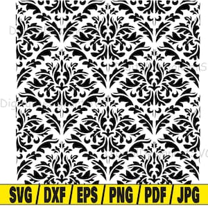 May include: Black and white damask pattern with a repeating design of stylized leaves and swirls. The pattern is seamless and can be used for a variety of projects, such as fabric, wallpaper, or digital design.