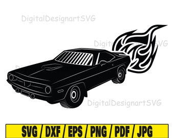 May include: Black and white silhouette of a classic muscle car with flames coming out of the exhaust pipe. The car is facing to the right and has a long hood and a short rear end.