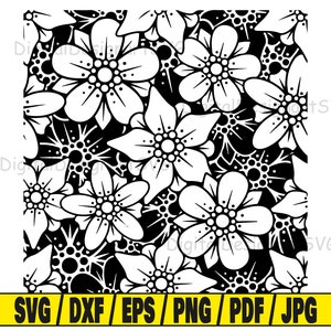 May include: Black and white floral pattern with detailed flower illustrations. The design features a repeating pattern of stylized flowers with intricate petal and center details. The image includes a yellow bar at the bottom with file type abbreviations: SVG, DXF, EPS, PNG, PDF, and JPG.