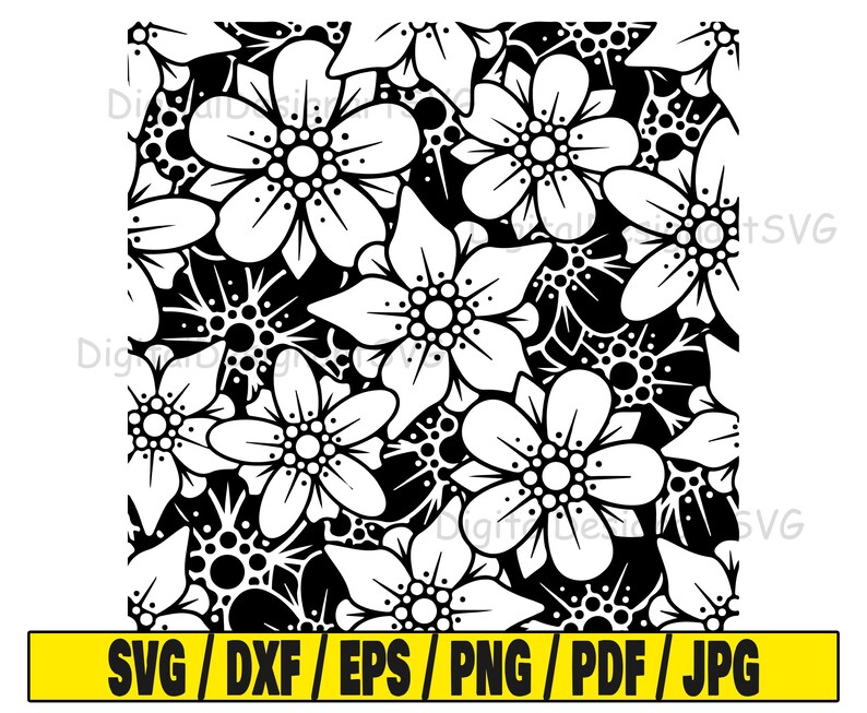 May include: Black and white floral pattern with detailed flower illustrations. The design features a repeating pattern of stylized flowers with intricate petal and center details. The image includes a yellow bar at the bottom with file type abbreviations: SVG, DXF, EPS, PNG, PDF, and JPG.