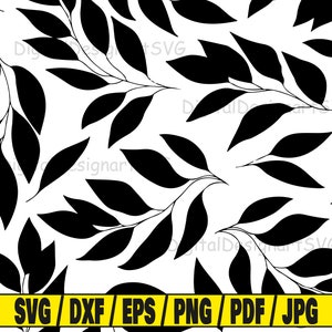 May include: A seamless pattern featuring black leaves on a white background. The leaves are arranged in a repeating pattern, creating a simple and elegant design.