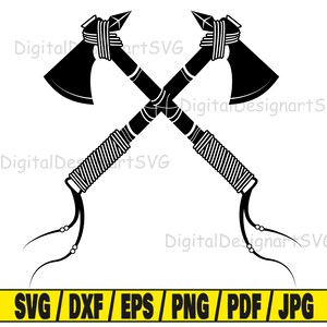 May include: A black and white illustration of two crossed tomahawks. The tomahawks have wrapped handles and pointed blades. The image includes the text "SVG / DXF / EPS / PNG / PDF / JPG" in a yellow rectangle.