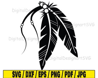 Peut inclure: Silhouette noire et blanche de deux plumes avec un cordon de perles attaché au sommet. Les plumes sont stylisées et ont un motif tribal.