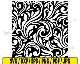 May include: A black and white seamless pattern featuring a swirling, floral design. The pattern is made up of intricate swirls and curves.