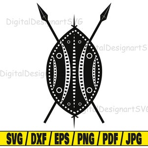 Pode incluir: Silhueta preta e branca de um escudo tradicional africano com duas lanças cruzadas atrás.