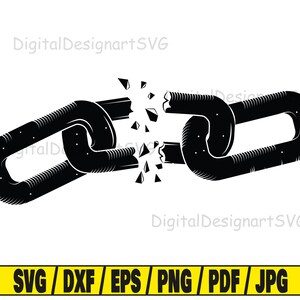 May include: A black and white illustration of a broken chain link. The chain is broken in the middle, with pieces of the chain scattered around the break.