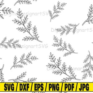 May include: A seamless pattern featuring black and white line drawings of leafy branches. The branches are arranged in a repeating pattern on a white background.