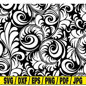 May include: Black and white seamless pattern with intricate floral designs. The pattern features swirling vines, leaves, and flowers.