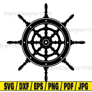 May include: Black and white silhouette of a ship's wheel with eight spokes. The wheel is a nautical symbol and is often used in maritime decor.