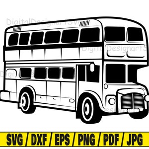 Könnte beinhalten: Eine Schwarzweiß-Zeichnung eines Doppeldeckerbusses. Der Bus hat eine abgerundete Front und ein flaches Dach. Die Fenster sind rechteckig und die Türen befinden sich an der Seite. Der Bus ist nach vorne gerichtet.