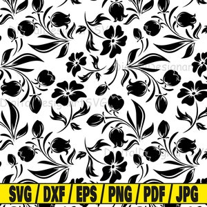 May include: Black and white floral pattern featuring stylised flowers and leaves. The pattern is seamless and can be used for a variety of design projects.