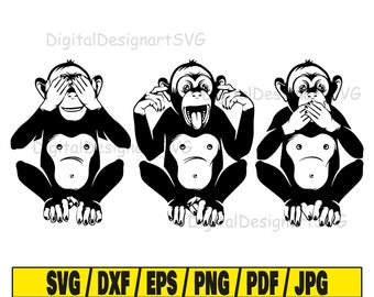 Três macacos svg, arquivo de corte svg de macaco, clipart de macaco, arquivo de corte svg para cricut, arquivo de corte para silhueta, animal dxf, animal de estimação png, animais eps