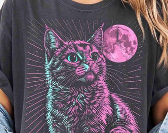 Psychedelic Cat Comfort Colors Shirt: Trippy Vaporwave Y2K Tee