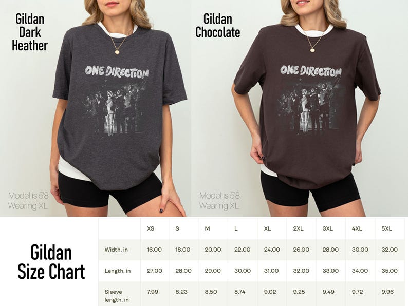 May include: Dark heather and chocolate-colored t-shirts with the text "ONE DIRECTION" and a band image. The shirts have a white collar and are modeled by a person wearing black shorts. A size chart is also included.